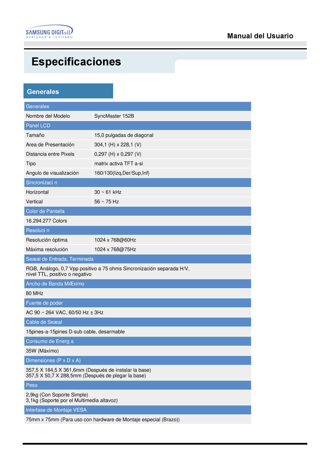 Samsung 152S, 152B, 152T manual Especificaciones, Generales 