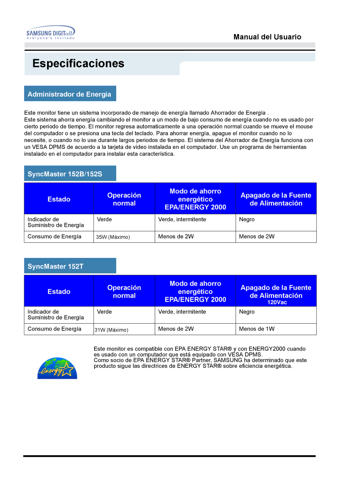 Samsung 152S, 152B, 152T manual Administrador de Energía, Epa/Energy 