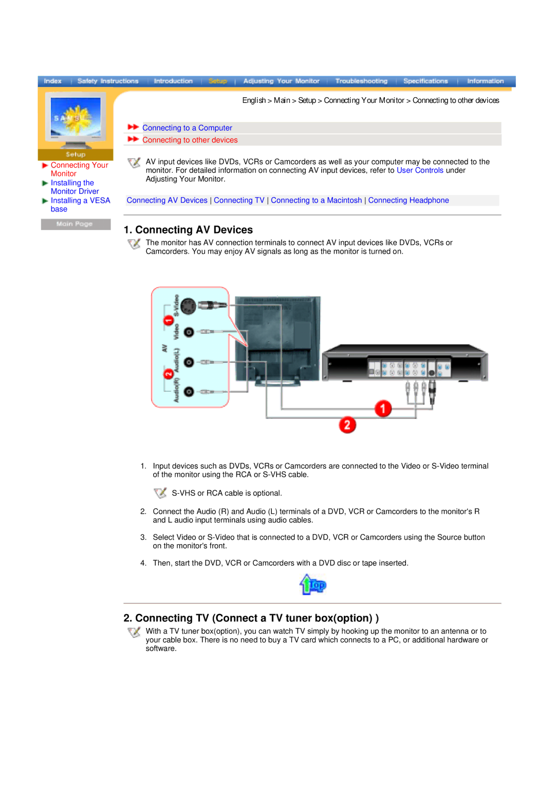 Samsung 152MP, 172MP manual Connecting AV Devices, Connecting TV Connect a TV tuner boxoption, Connecting to other devices 