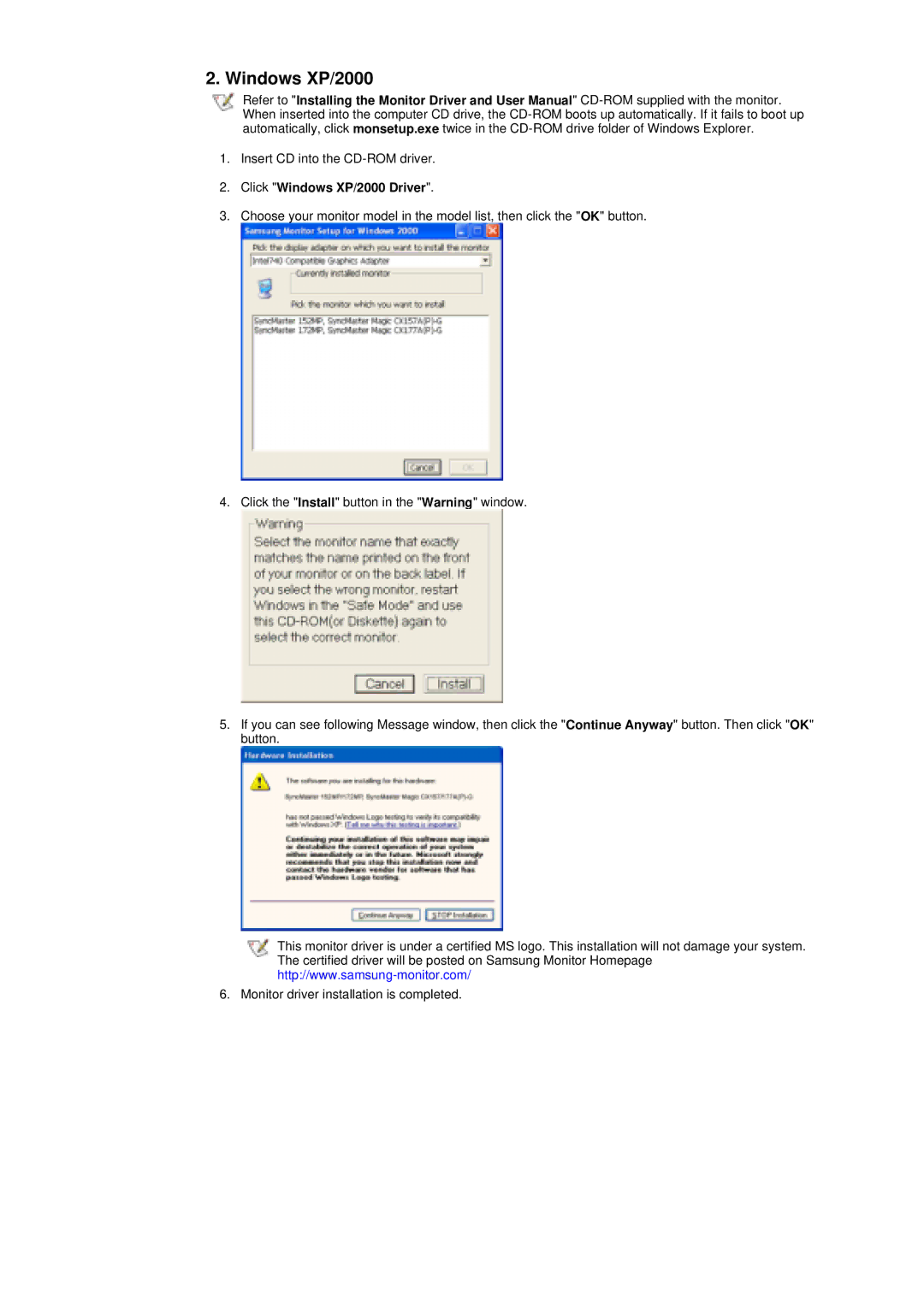 Samsung 152MP, 172MP manual Click Windows XP/2000 Driver 