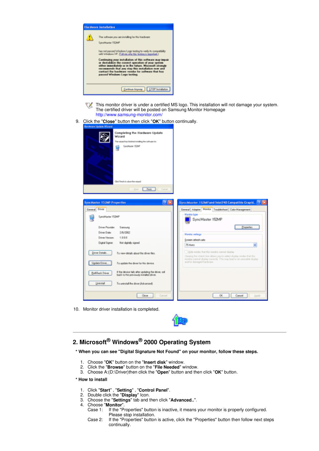 Samsung 172MP, 152MP manual Microsoft Windows 2000 Operating System, How to install Click Start , Setting , Control Panel 