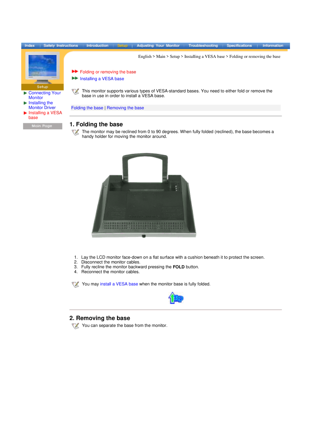 Samsung 172MP, 152MP manual Folding the base, Removing the base, Folding or removing the base 