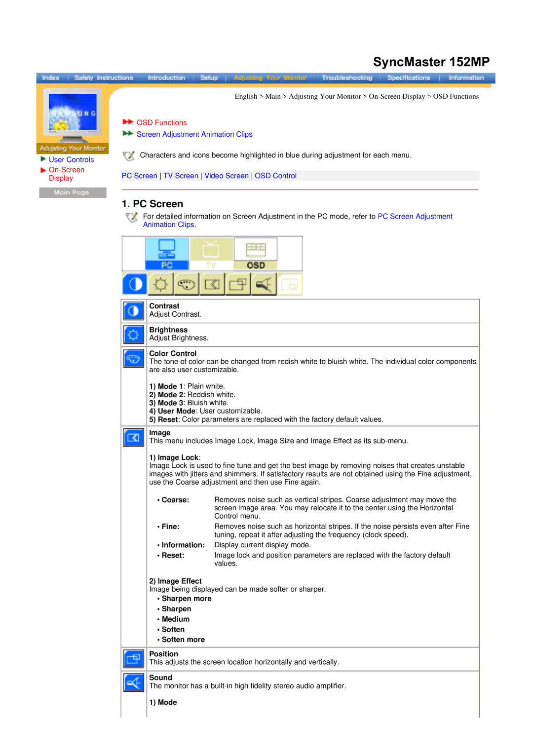 Samsung 172MP, 152MP manual PC Screen 