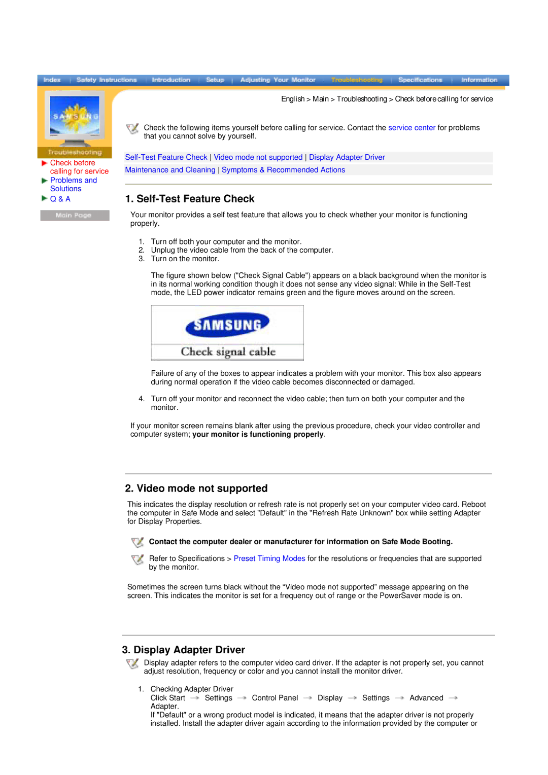 Samsung 172MP, 152MP manual Self-Test Feature Check, Video mode not supported, Display Adapter Driver 