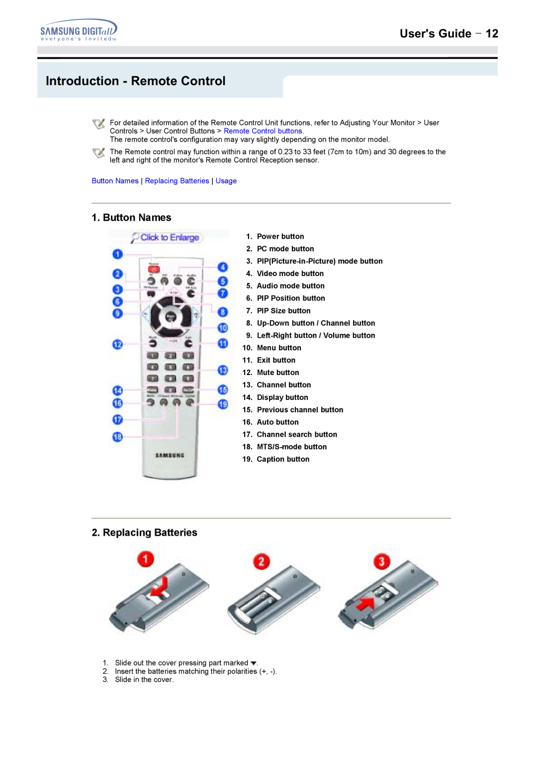 Samsung 152MP, 172MP manual Introduction Remote Control, Button Names, Replacing Batteries 