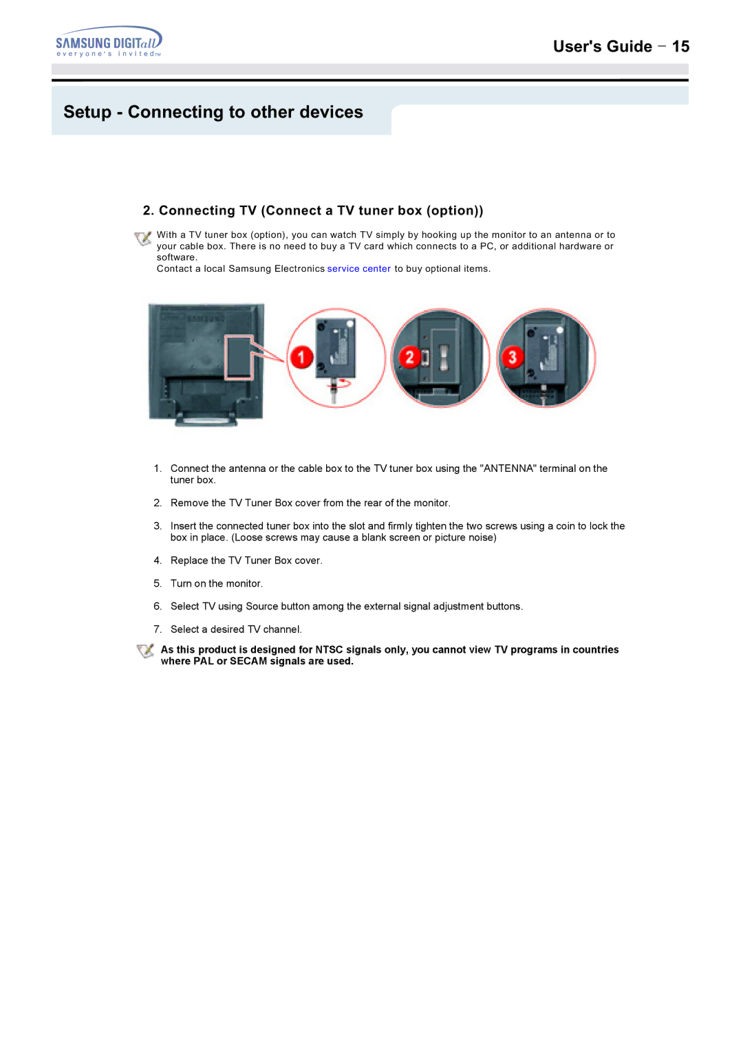 Samsung 172MP, 152MP manual Connecting TV Connect a TV tuner box option 