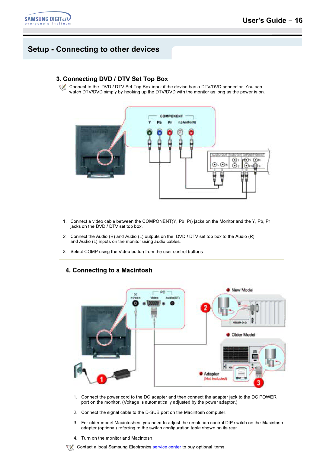 Samsung 152MP, 172MP manual Connecting DVD / DTV Set Top Box, Connecting to a Macintosh 