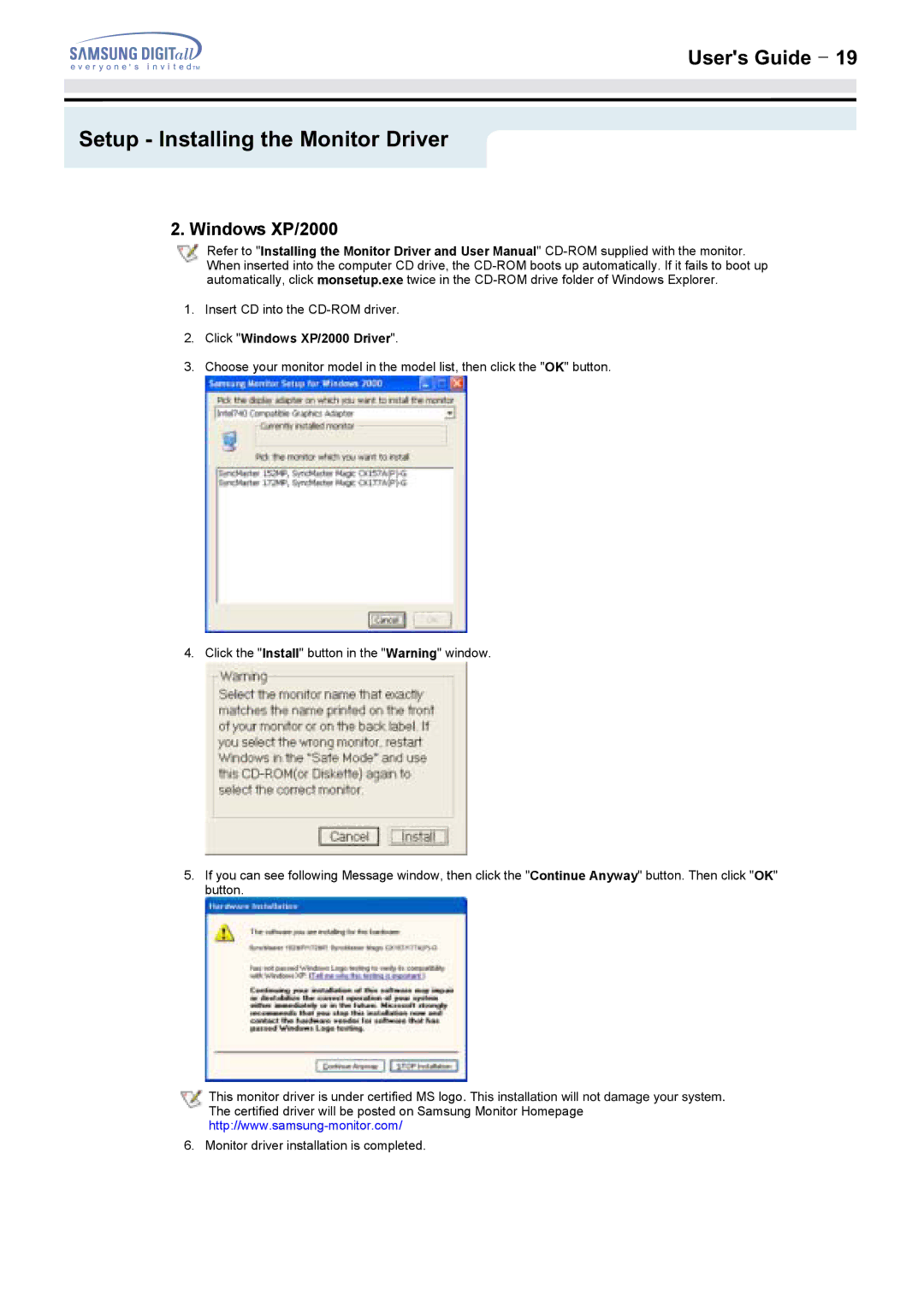 Samsung 172MP, 152MP manual Click Windows XP/2000 Driver 