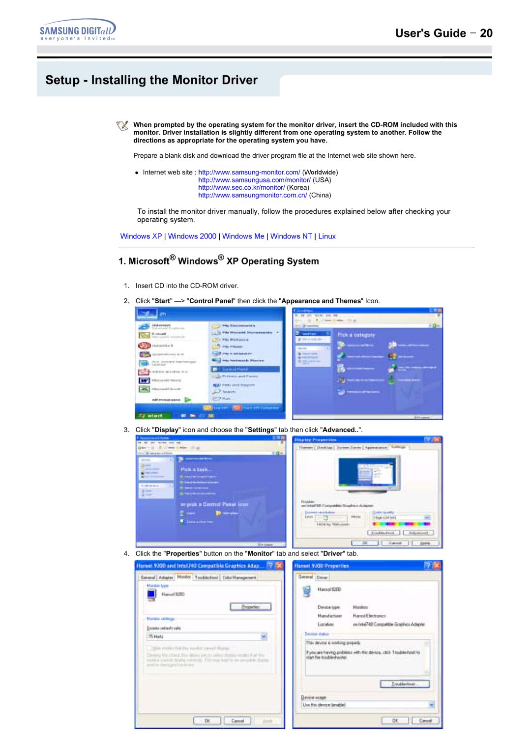 Samsung 152MP, 172MP manual Microsoft Windows XP Operating System 