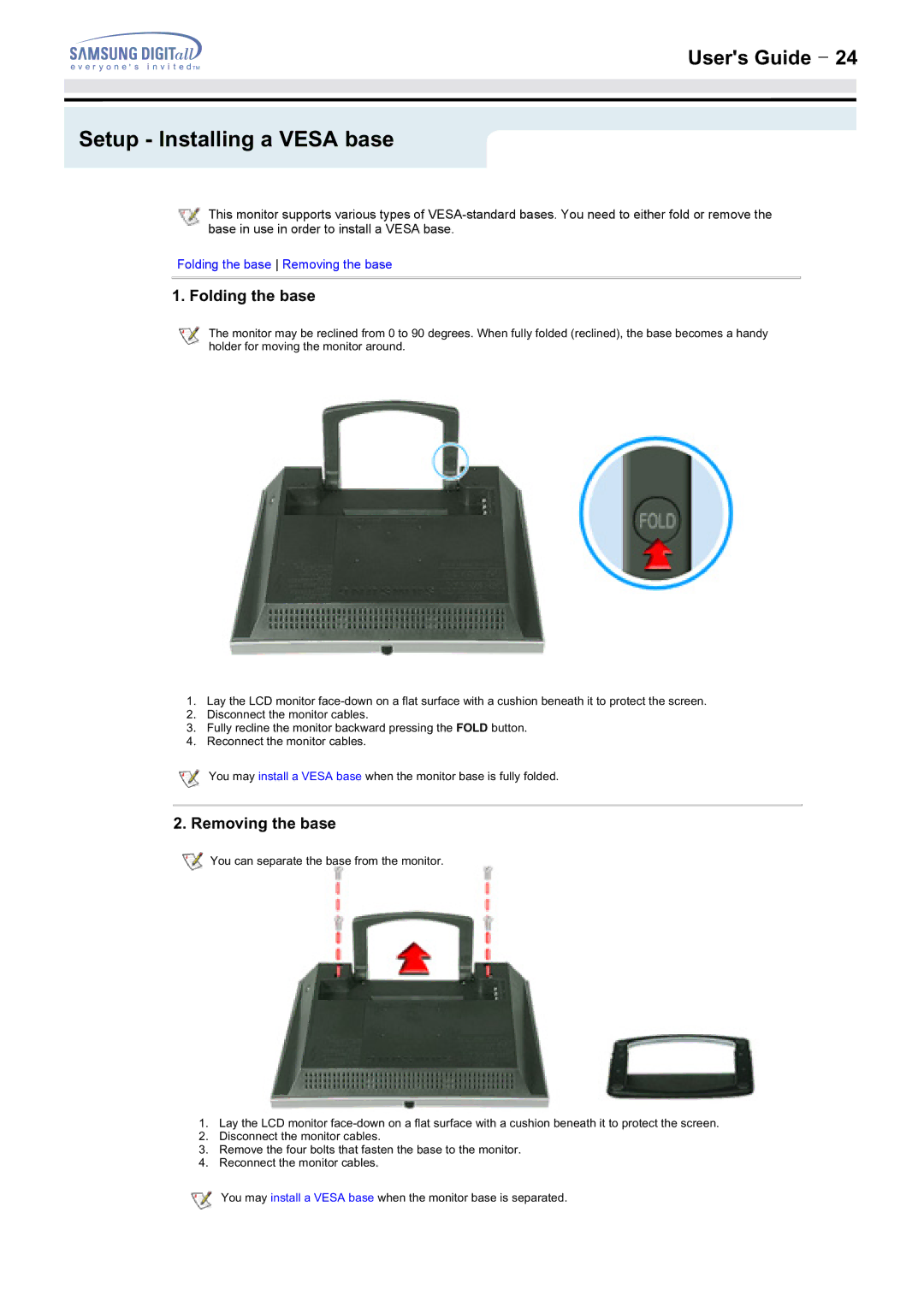 Samsung 152MP, 172MP manual Setup Installing a Vesa base, Folding the base 