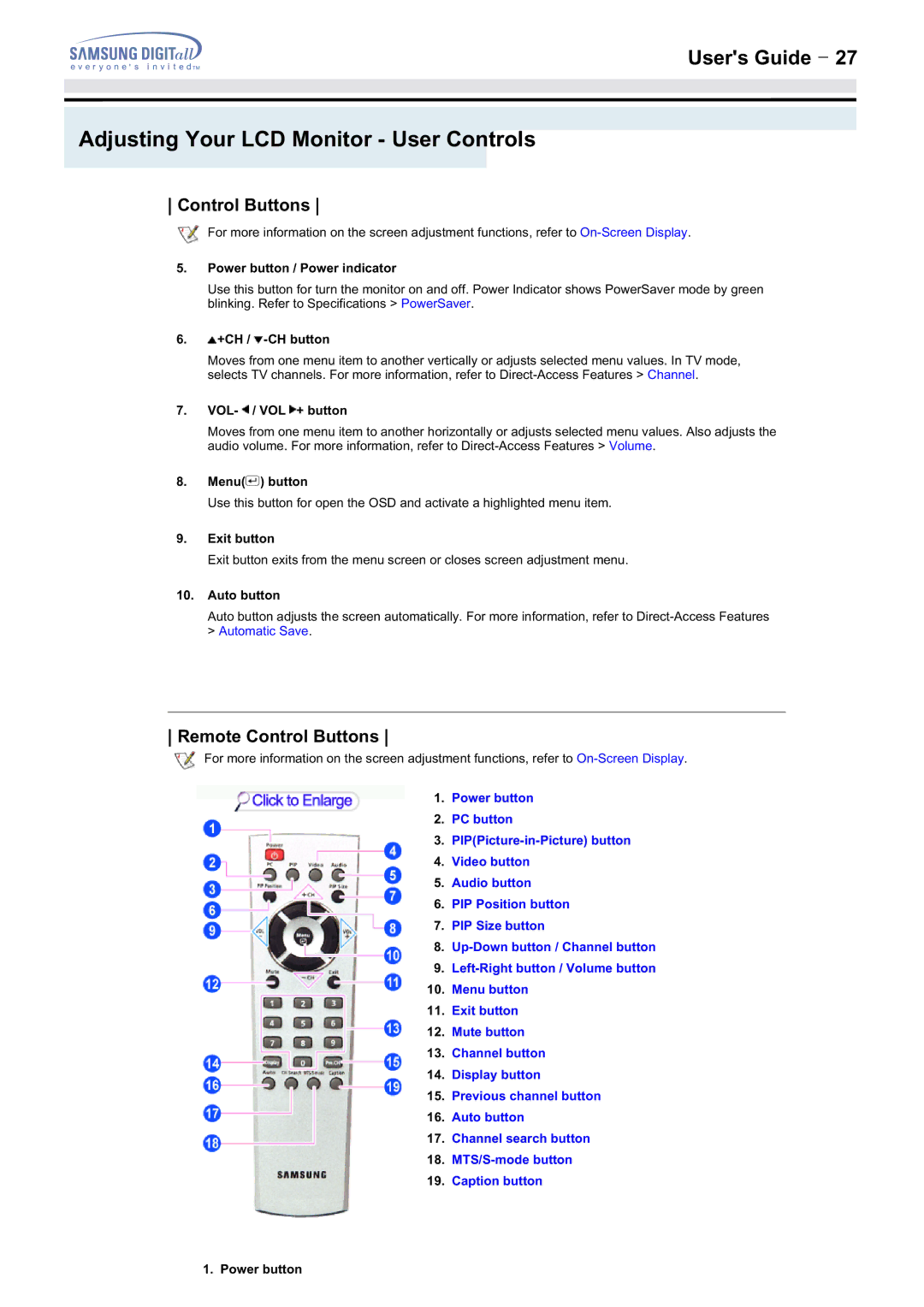 Samsung 172MP, 152MP manual Remote Control Buttons 