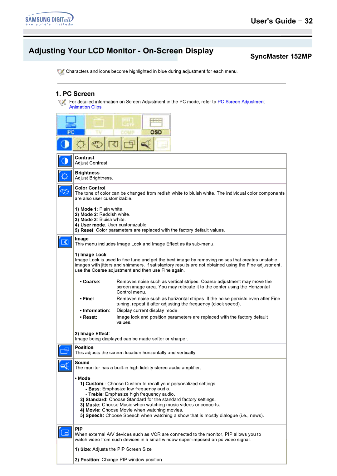 Samsung 152MP, 172MP manual Adjusting Your LCD Monitor On-Screen Display, PC Screen 