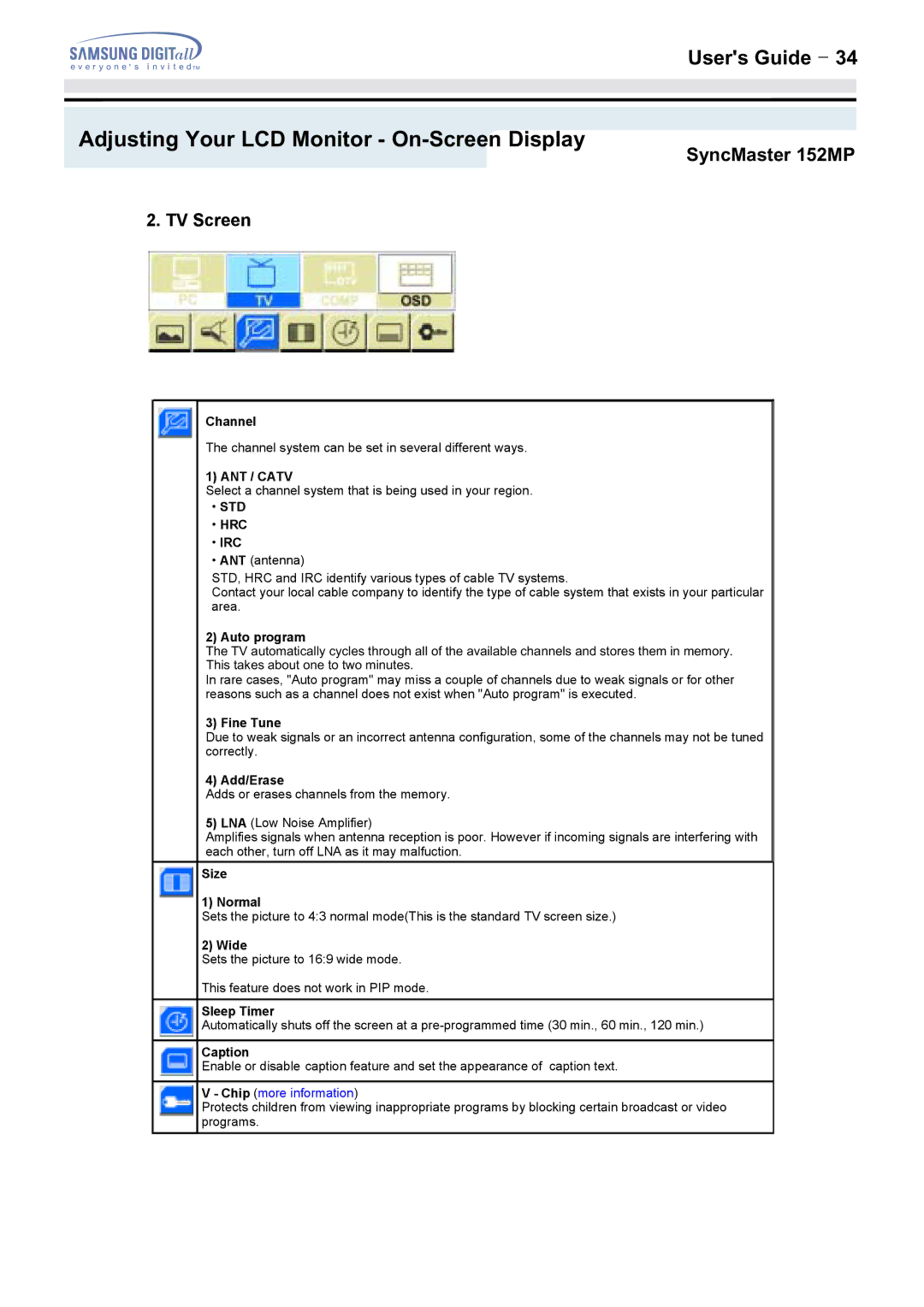 Samsung 152MP, 172MP manual Channel, Auto program, Fine Tune, Add/Erase, Size Normal, Wide, Sleep Timer, Caption 