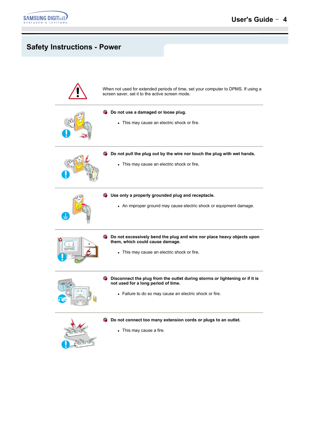 Samsung 152MP, 172MP manual Safety Instructions Power, Do not use a damaged or loose plug 