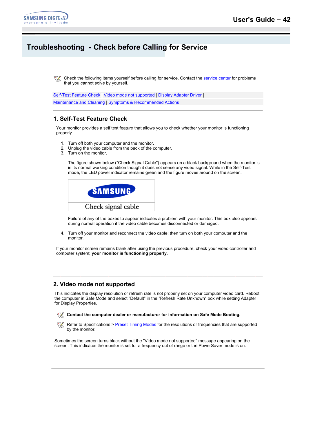 Samsung 152MP, 172MP Troubleshooting Check before Calling for Service, Self-Test Feature Check, Video mode not supported 