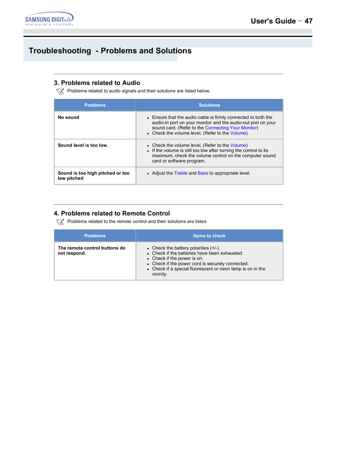 Samsung 172MP, 152MP Problems related to Audio, Problems related to Remote Control, Remote control buttons do not respond 