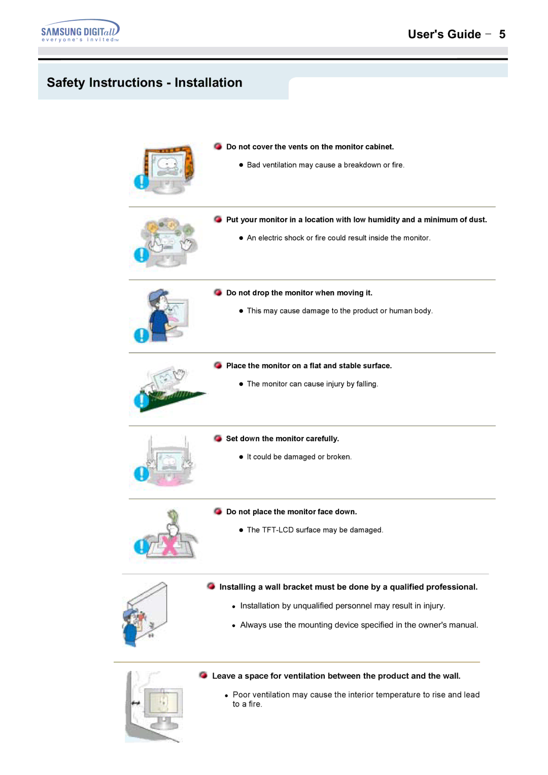 Samsung 172MP, 152MP manual Safety Instructions Installation 