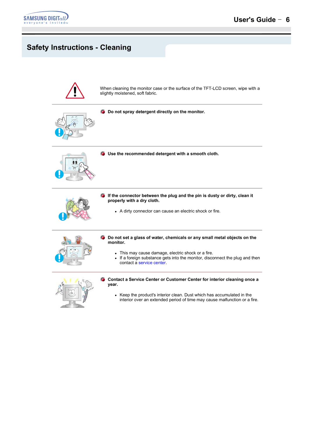 Samsung 152MP, 172MP manual Safety Instructions Cleaning 