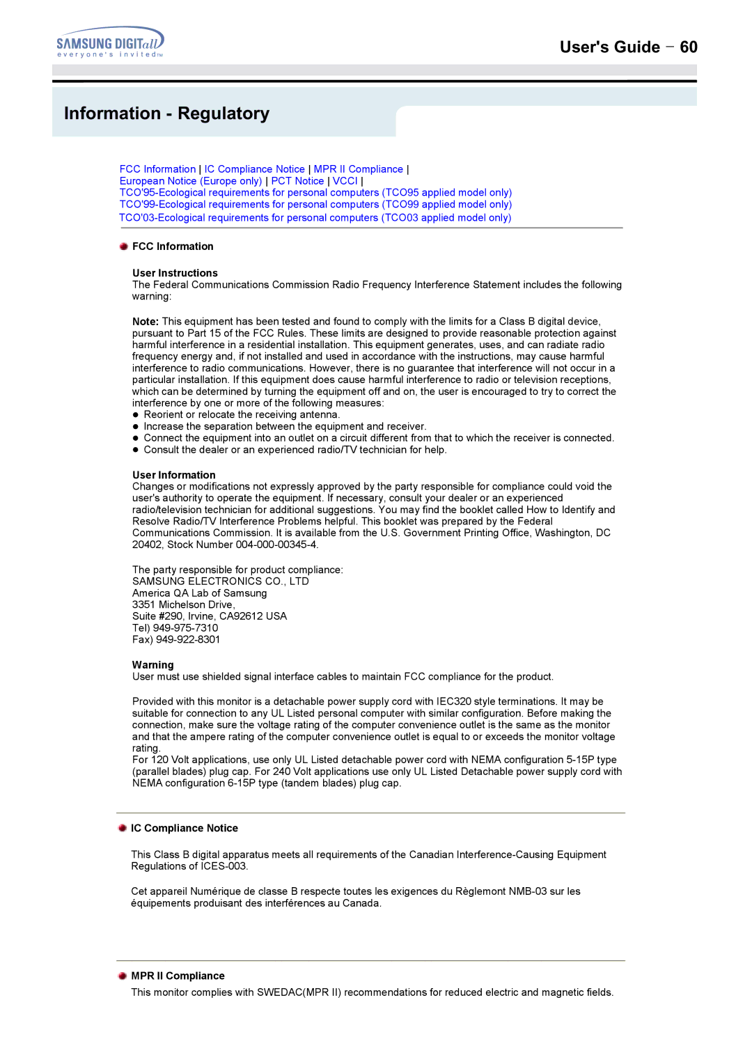 Samsung 152MP, 172MP Information Regulatory, FCC Information User Instructions, User Information, IC Compliance Notice 