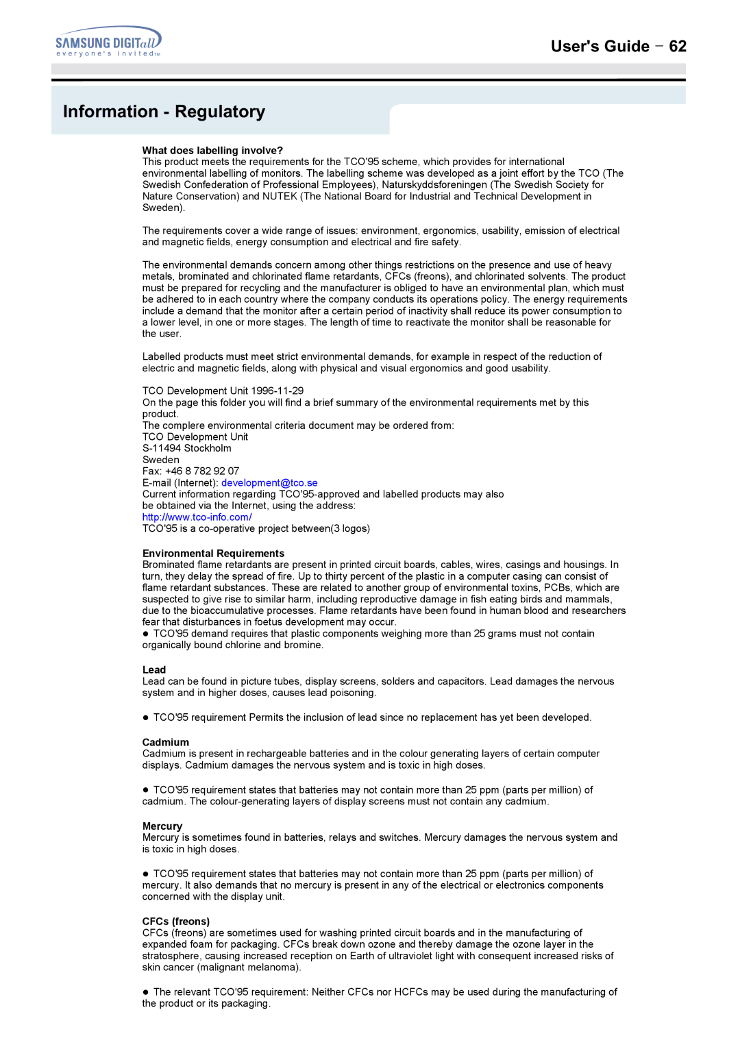 Samsung 152MP, 172MP manual What does labelling involve?, Environmental Requirements, Lead, Cadmium, Mercury, CFCs freons 