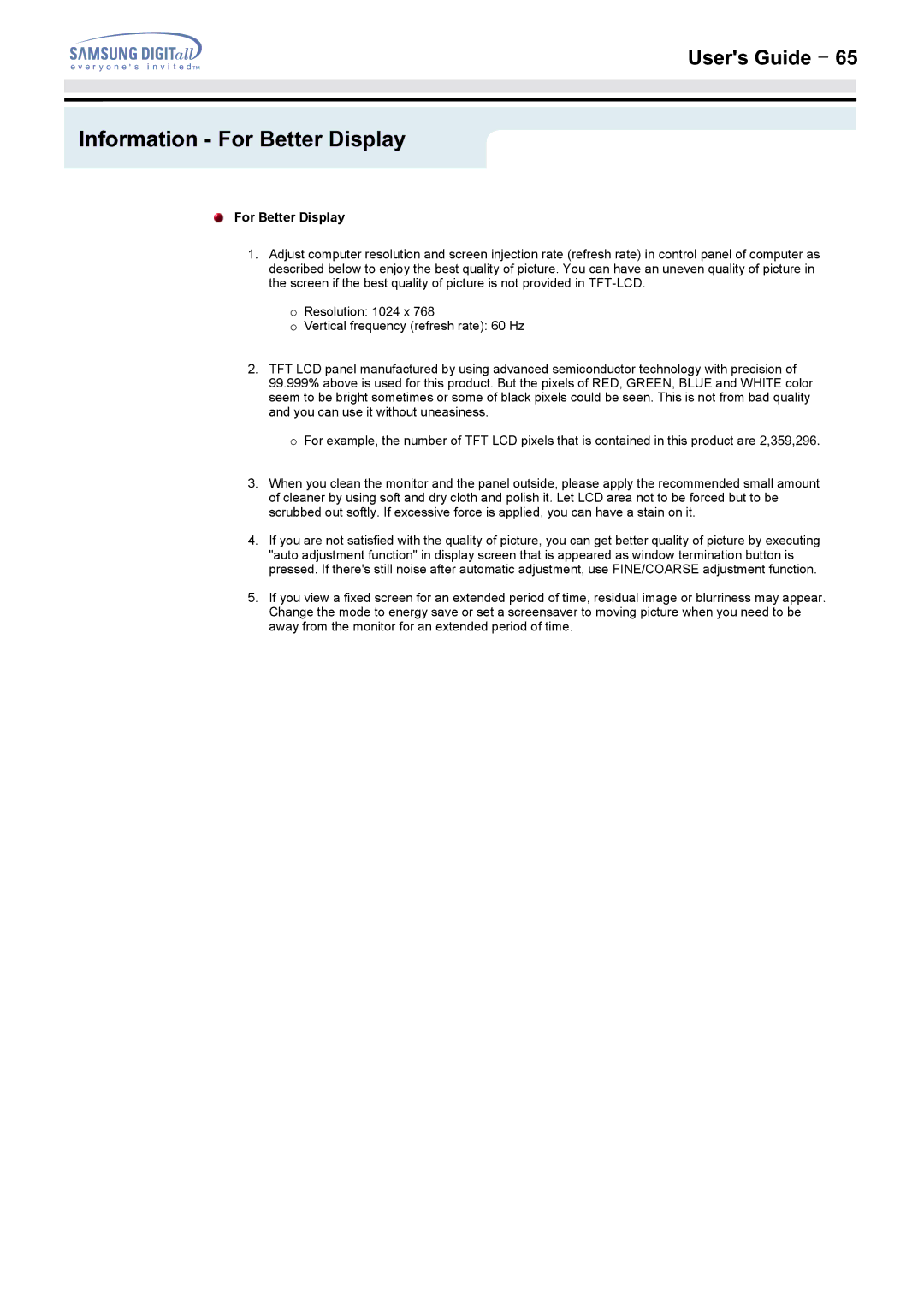 Samsung 172MP, 152MP manual Information For Better Display 