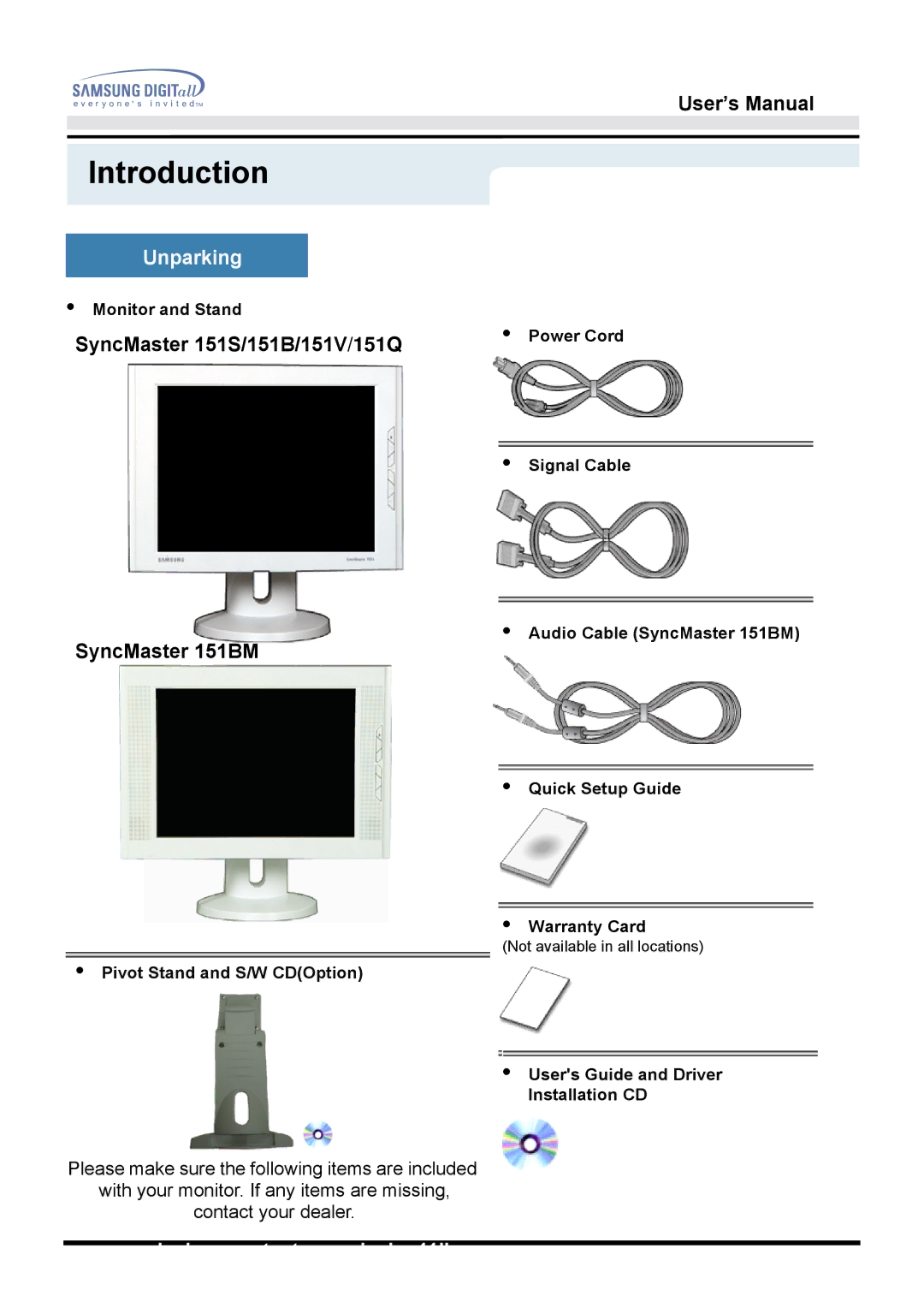 Samsung 151B, 152N Introduction, Monitor and Stand, Pivot Stand and S/W CDOption, Users Guide and Driver Installation CD 