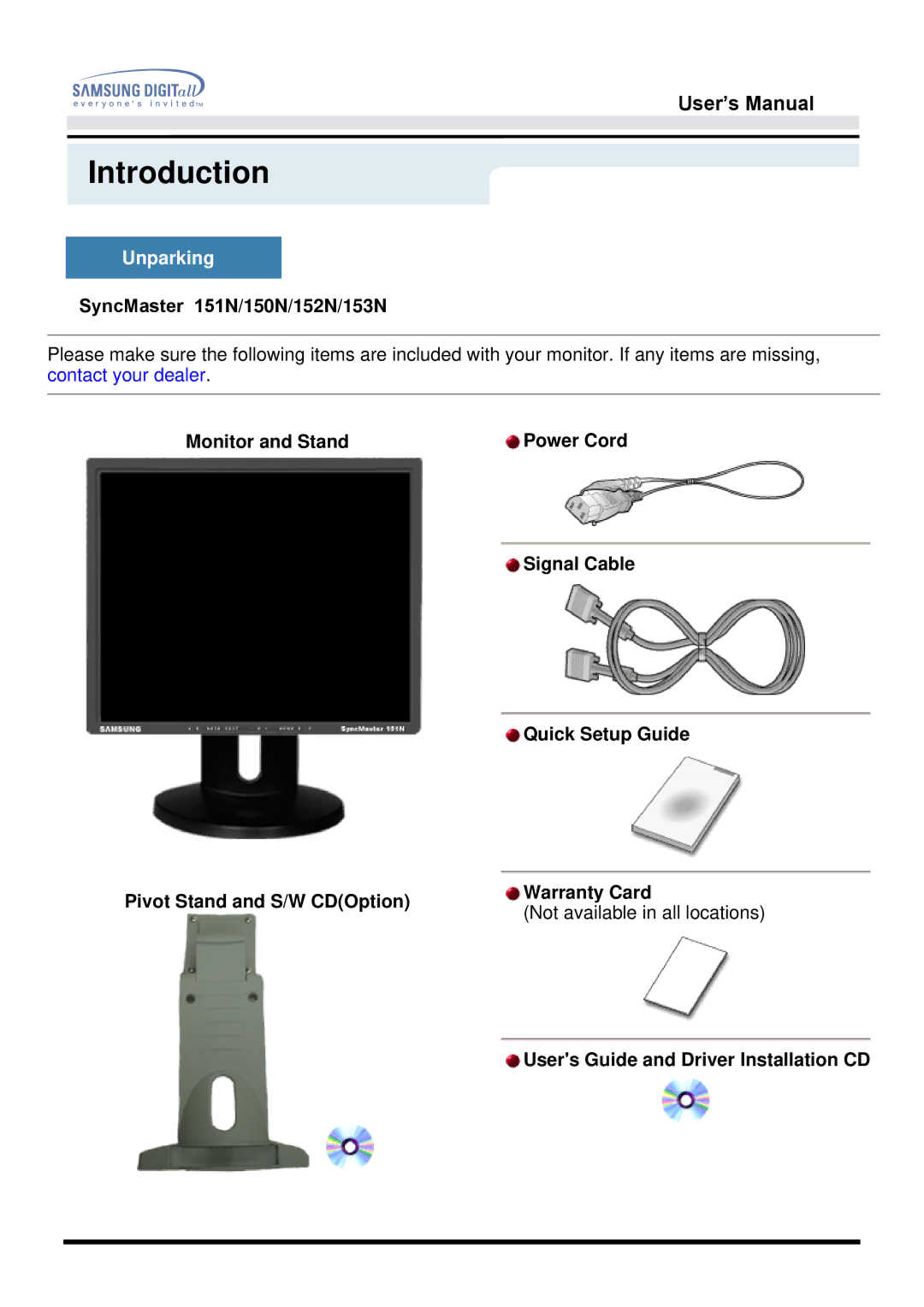 Samsung 151S, 151Q, 151V, 151BM manual Unparking, SyncMaster 151N/150N/152N/153N, Monitor and Stand, Power Cord 