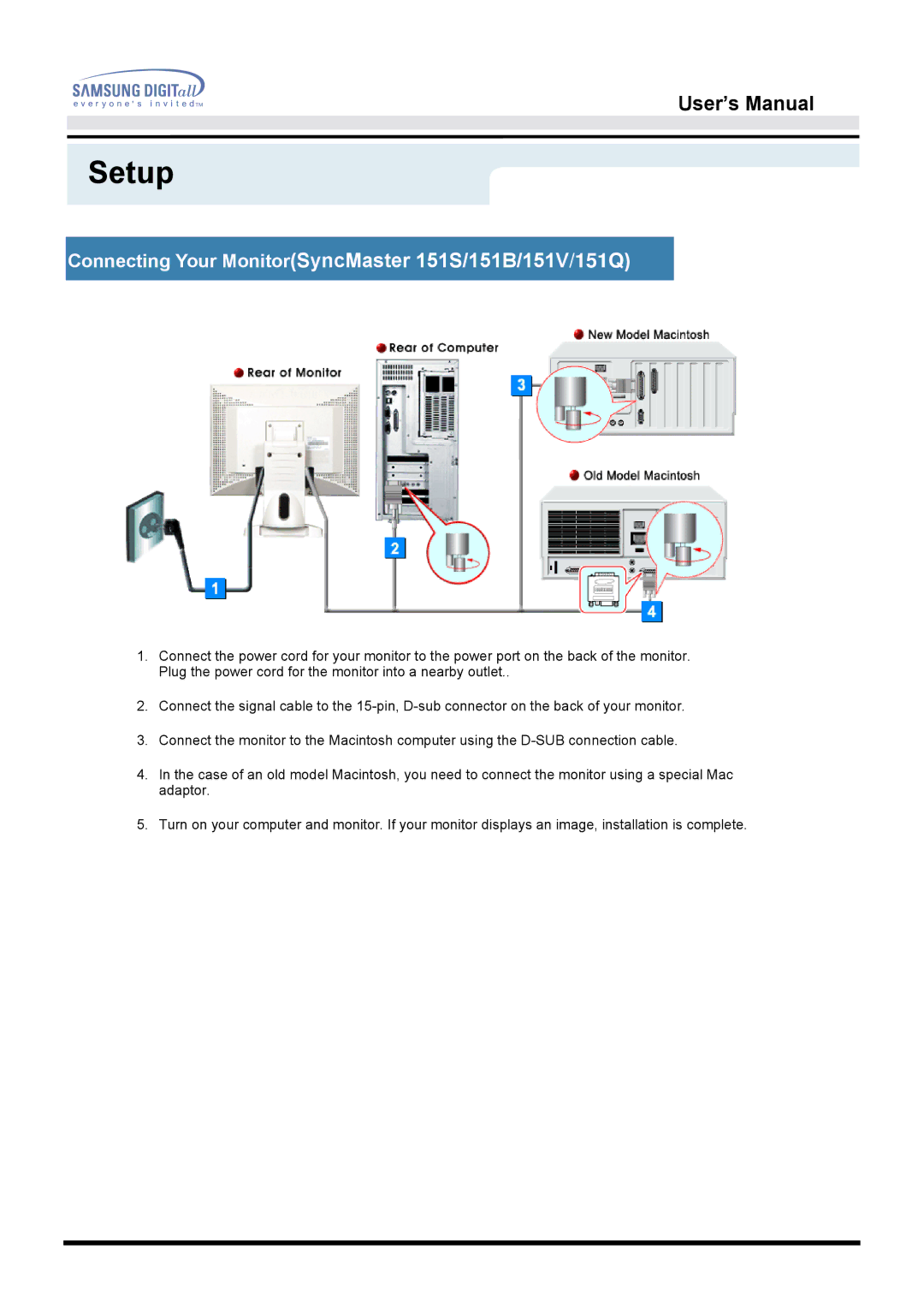 Samsung 150N, 152N, 151N, 153N, 151BM manual Setup, Connecting Your MonitorSyncMaster 151S/151B/151V/151Q 