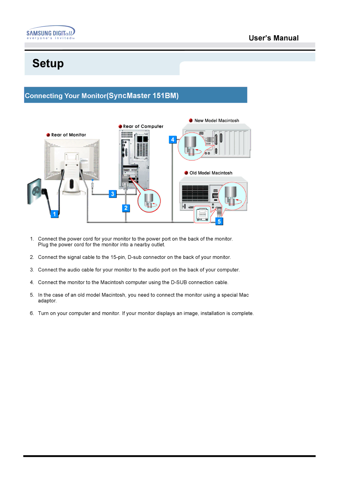 Samsung 152N, 151S, 151N, 153N, 151Q, 151V, 150N manual Connecting Your MonitorSyncMaster 151BM 