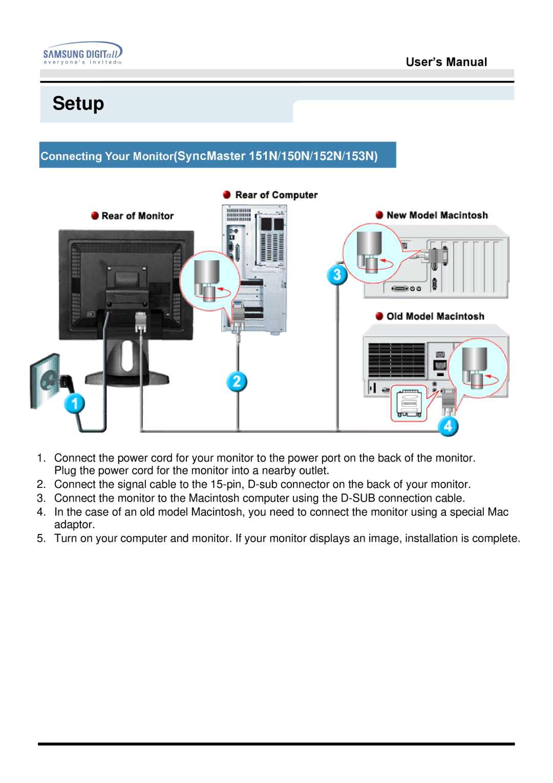 Samsung 151S, 151Q, 151V, 151BM manual Connecting Your MonitorSyncMaster 151N/150N/152N/153N 