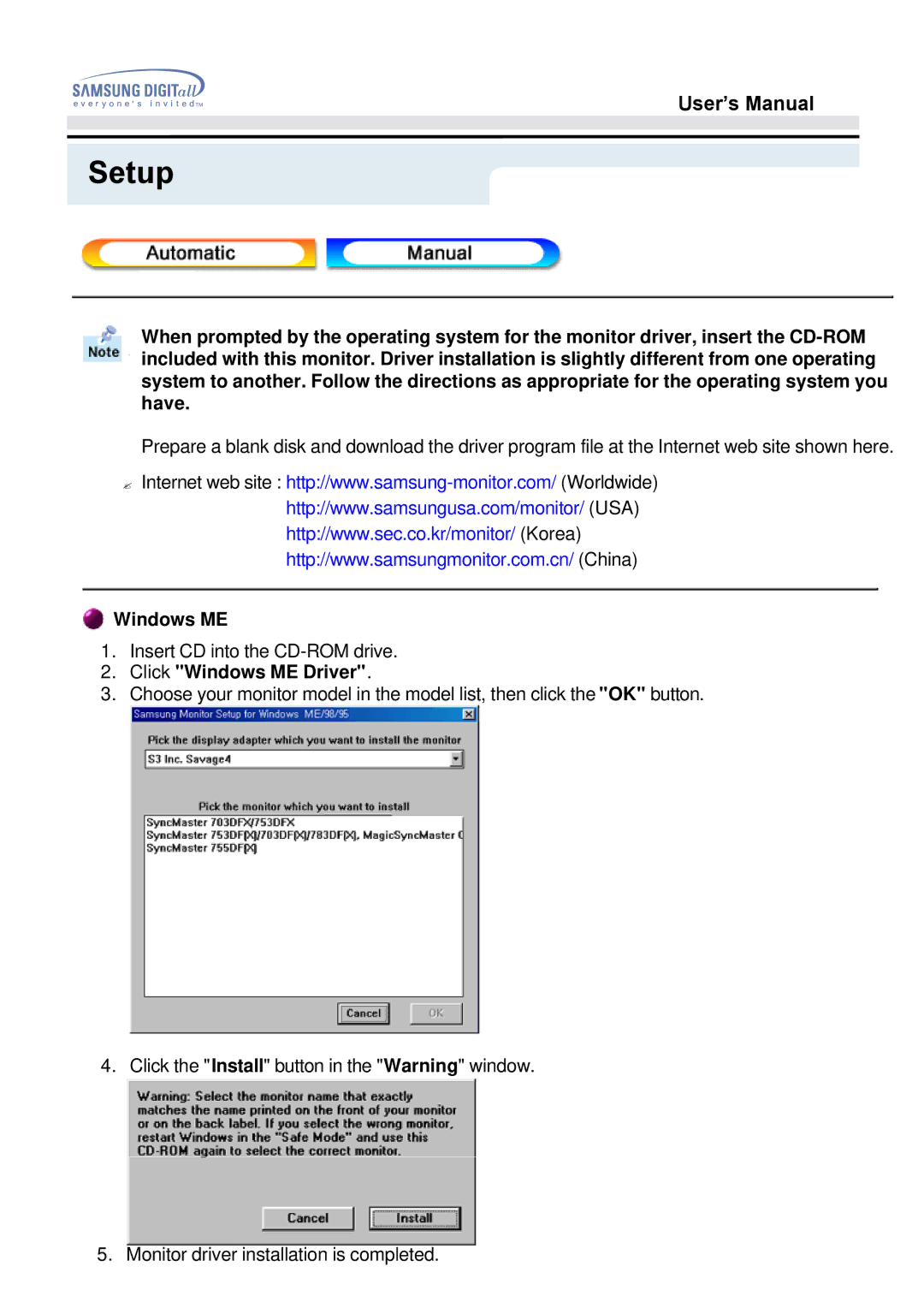 Samsung 152N, 151S, 151N, 153N, 151Q, 151V, 151BM, 150N manual Click Windows ME Driver 