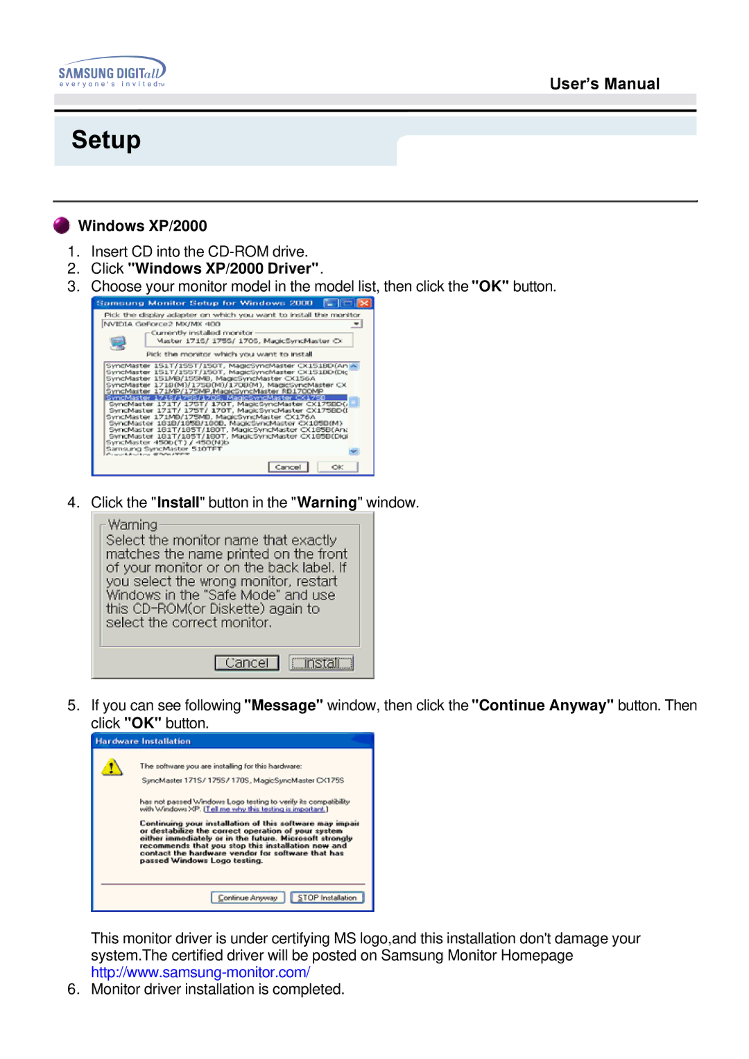 Samsung 151N, 152N, 151S, 153N, 151Q, 151V, 151BM, 150N manual Click Windows XP/2000 Driver 