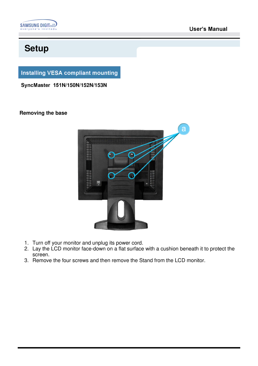 Samsung 151S, 151Q, 151V, 151BM manual SyncMaster 151N/150N/152N/153N Removing the base 