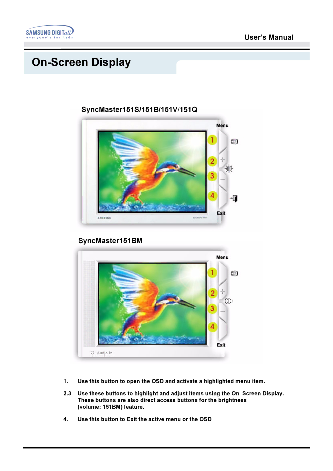 Samsung 152N, 151N, 153N, 150N manual On-Screen Display, SyncMaster151S/151B/151V/151Q SyncMaster151BM 