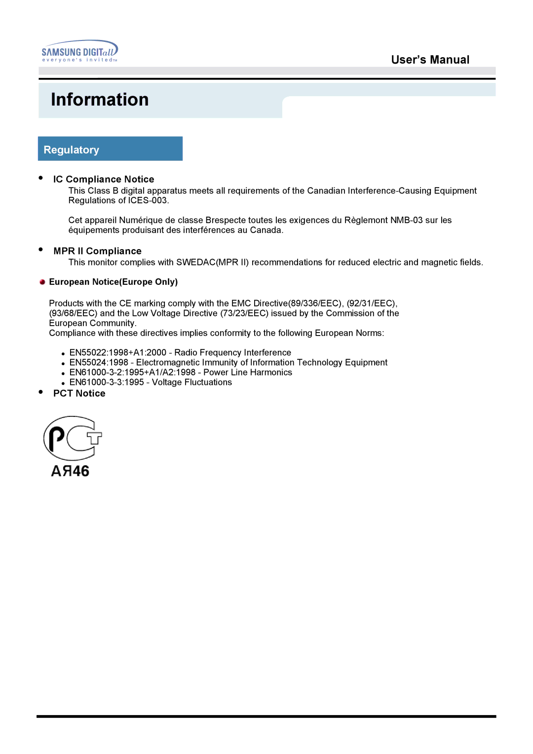 Samsung 152N, 151S, 151N, 153N, 151Q, 151V, 151BM, 150N manual IC Compliance Notice, MPR II Compliance, PCT Notice 