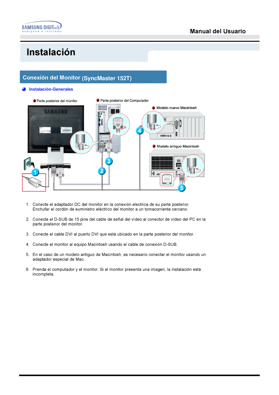 Samsung B manual Conexión del Monitor SyncMaster 152T 