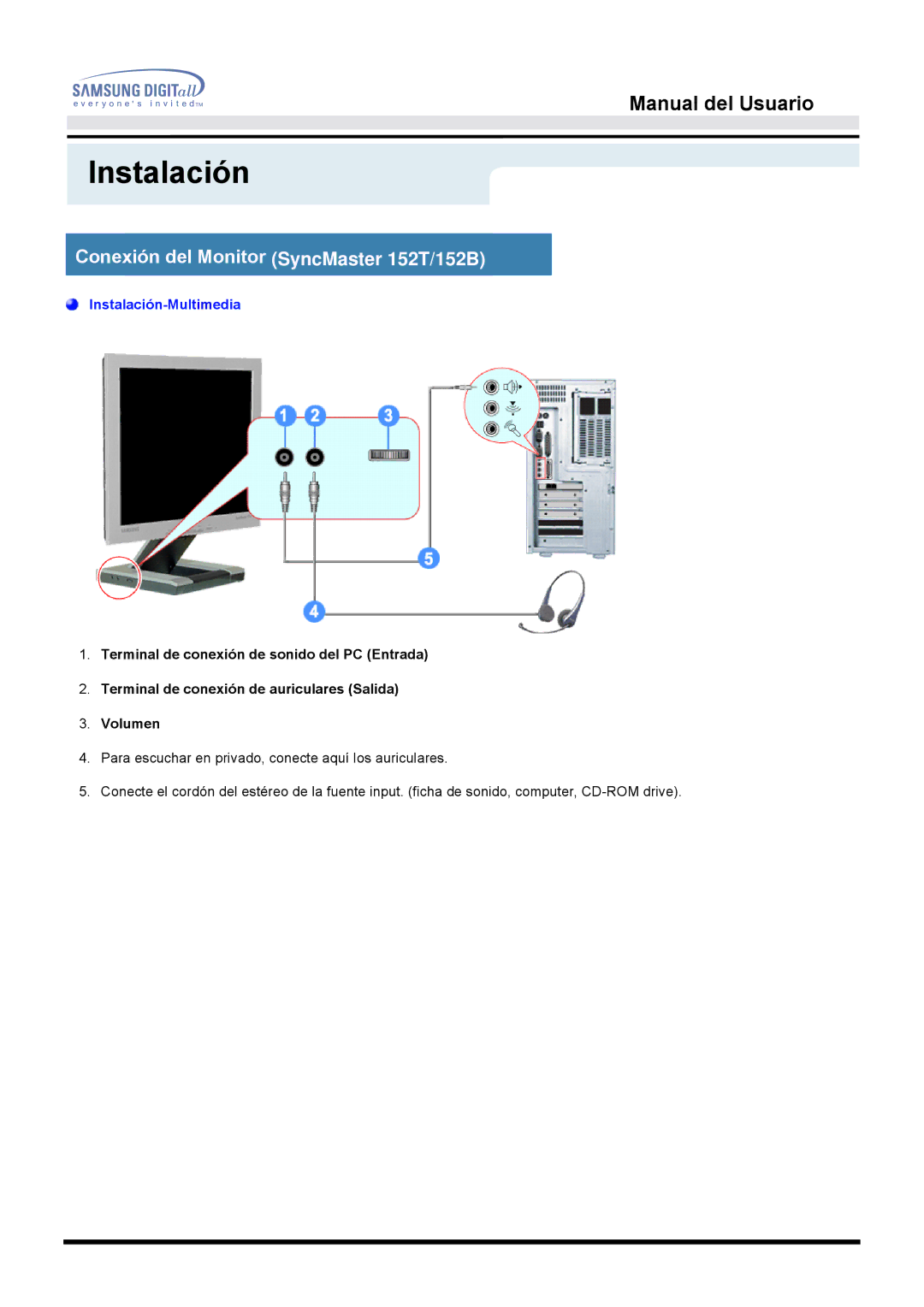 Samsung manual Conexión del Monitor SyncMaster 152T/152B, Instalación-Multimedia 