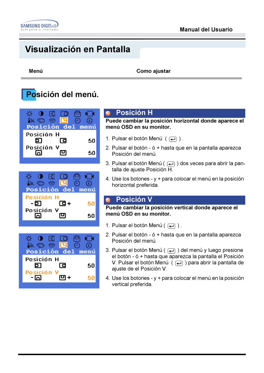 Samsung B, 152T manual Posición del menú 