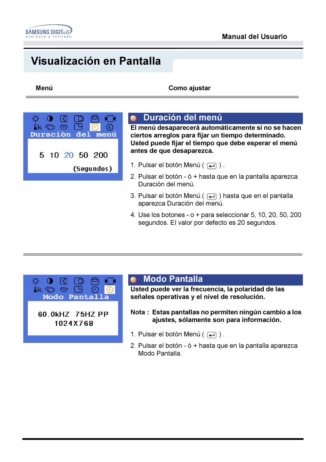 Samsung 152T, B manual Duración del menú, Modo Pantalla 