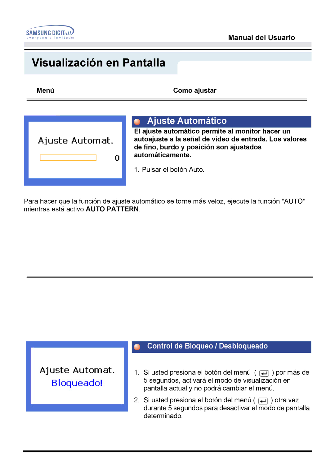 Samsung 152T manual Ajuste Automático, Control de Bloqueo / Desbloqueado 