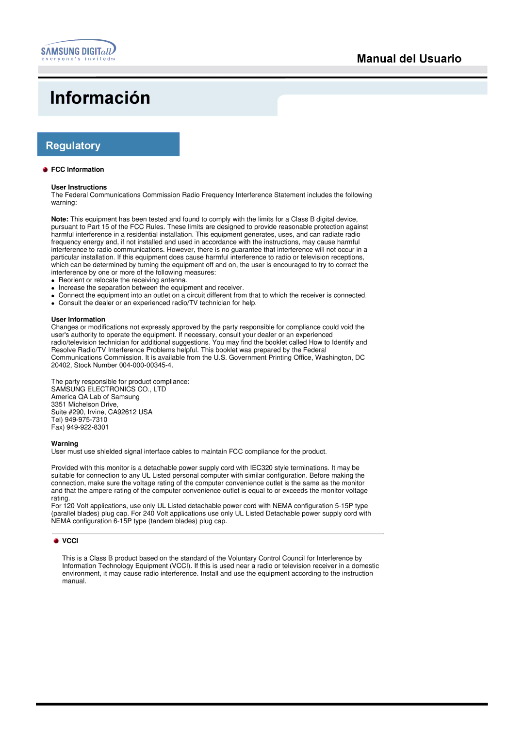 Samsung 152T, B manual Regulatory, FCC Information User Instructions 