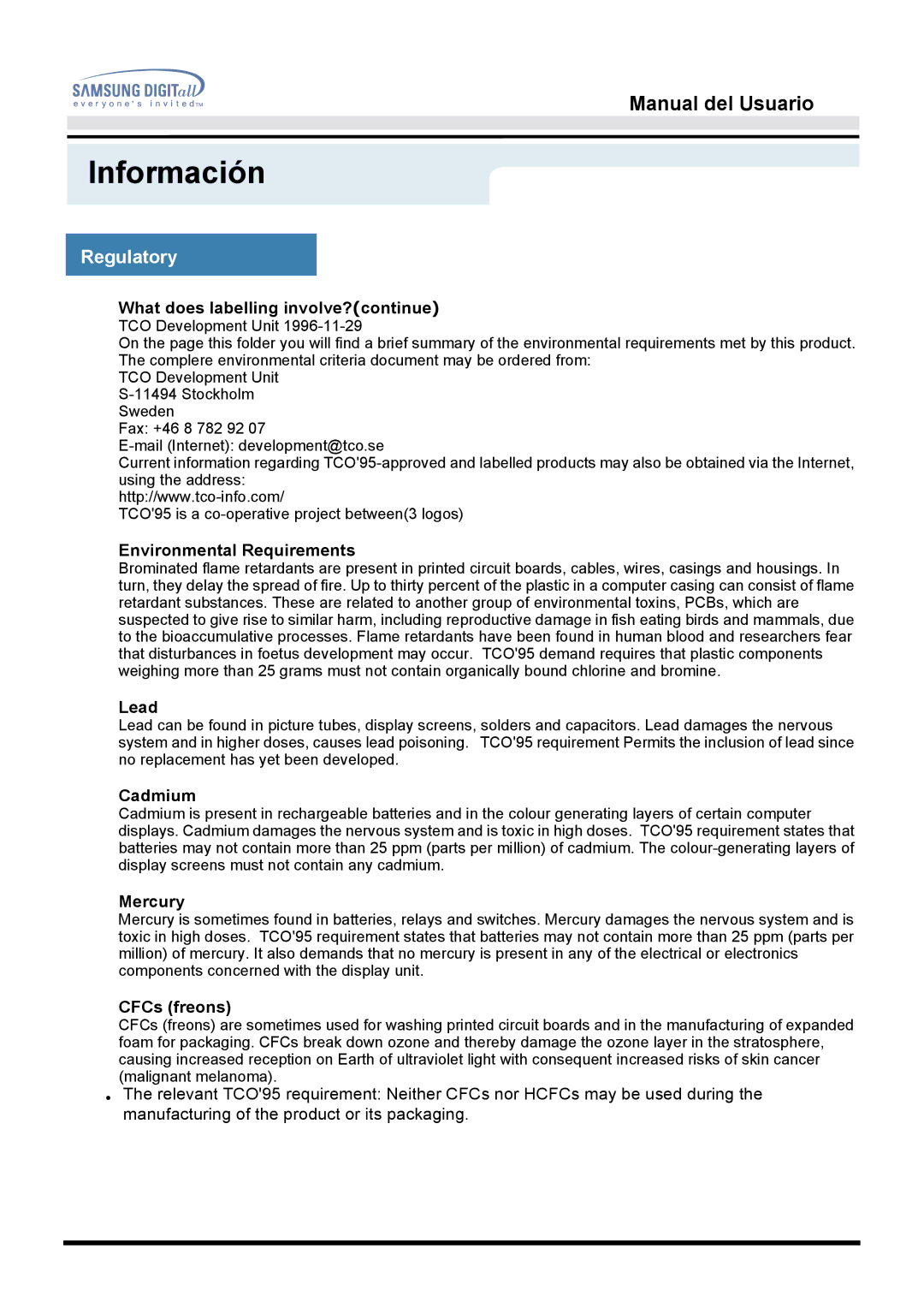 Samsung B, 152T manual What does labelling involve?continue, Environmental Requirements, Lead, Cadmium, Mercury, CFCs freons 