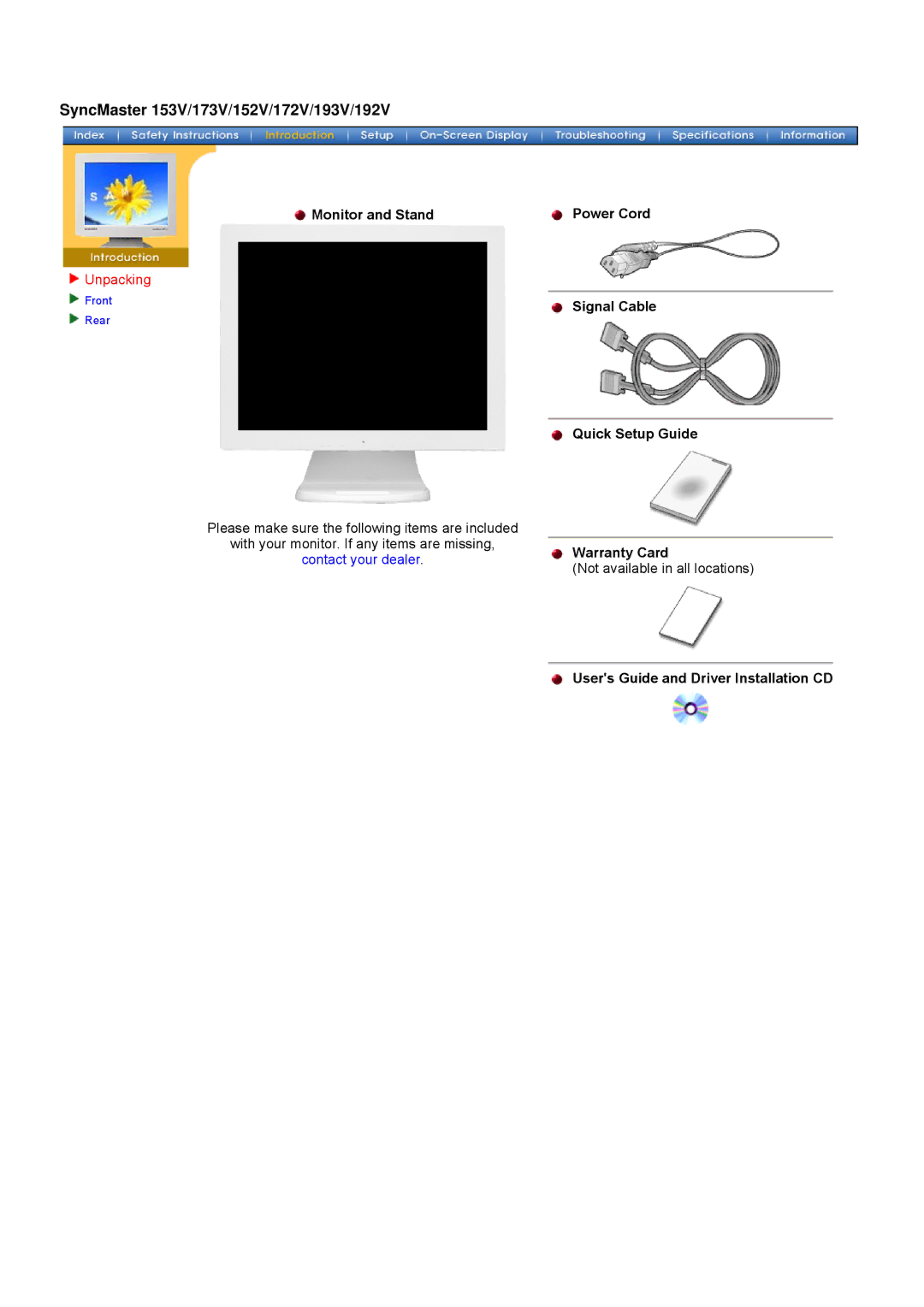 Samsung manual SyncMaster 153V/173V/152V/172V/193V/192V, Monitor and Stand Power Cord Signal Cable Quick Setup Guide 