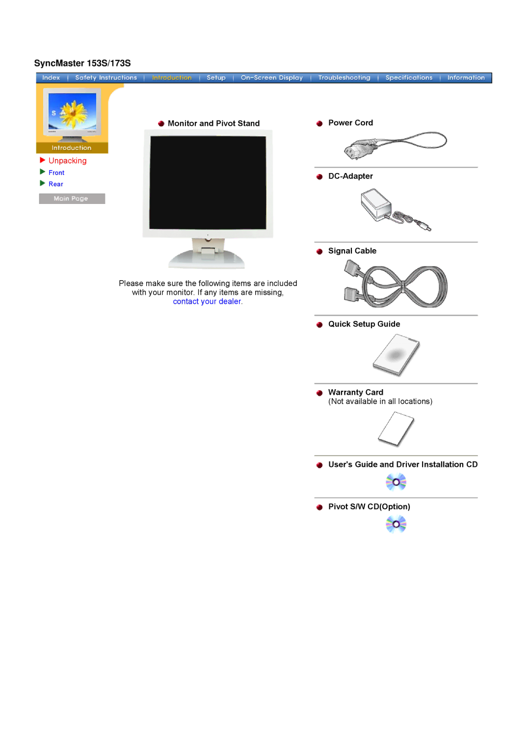 Samsung 152V, 172V, 192V manual SyncMaster 153S/173S, Monitor and Pivot Stand Power Cord DC-Adapter Signal Cable 