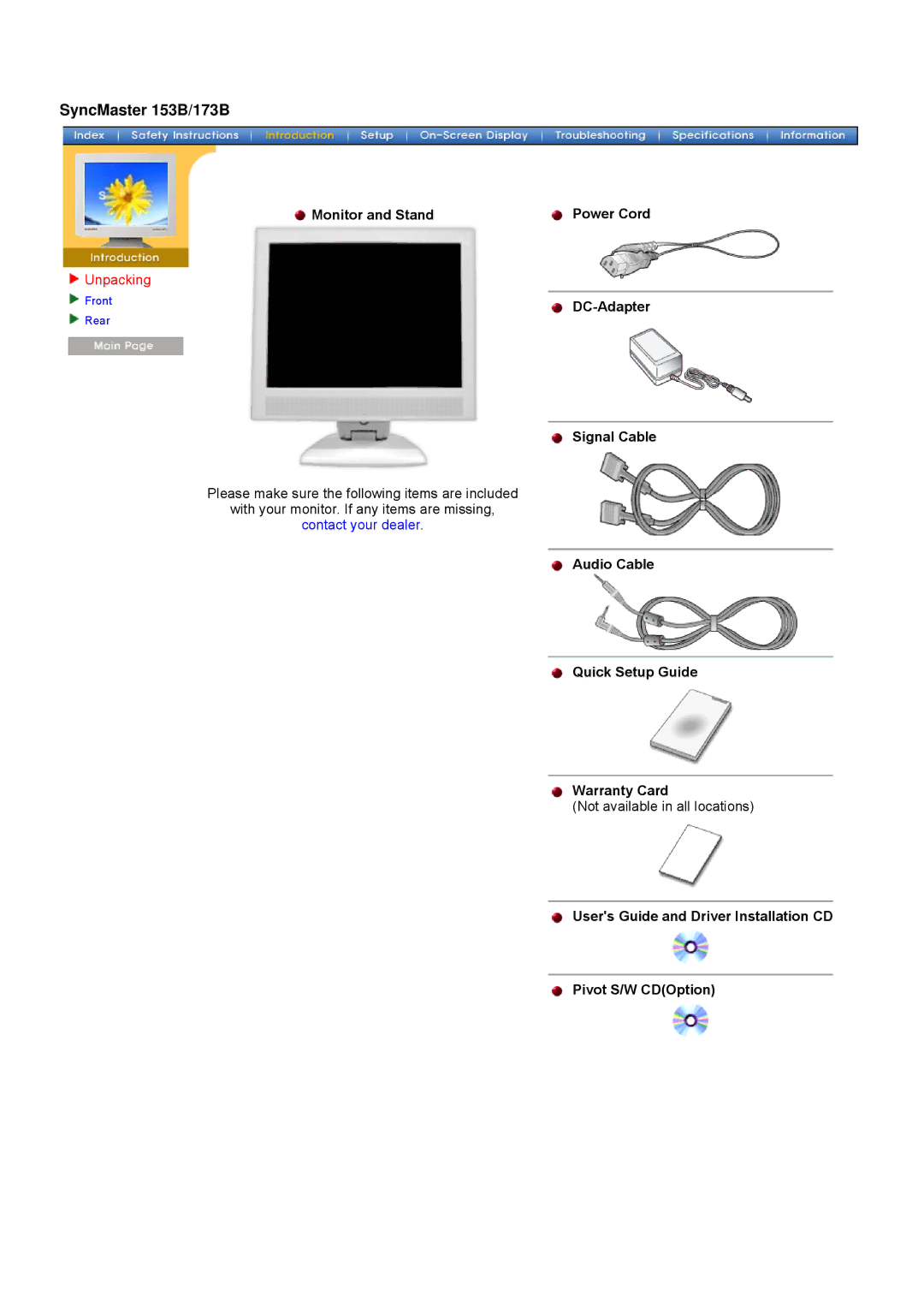 Samsung 172V, 152V, 192V manual SyncMaster 153B/173B, Monitor and Stand Power Cord DC-Adapter Signal Cable 