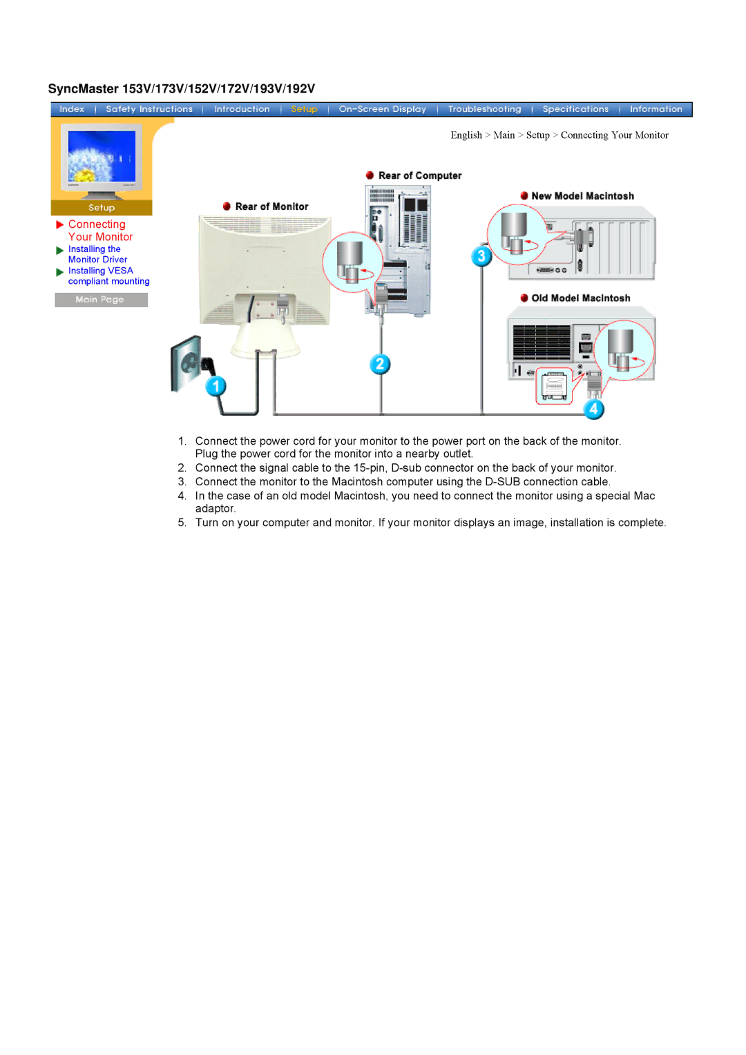 Samsung 192V, 152V, 172V manual Connecting Your Monitor 