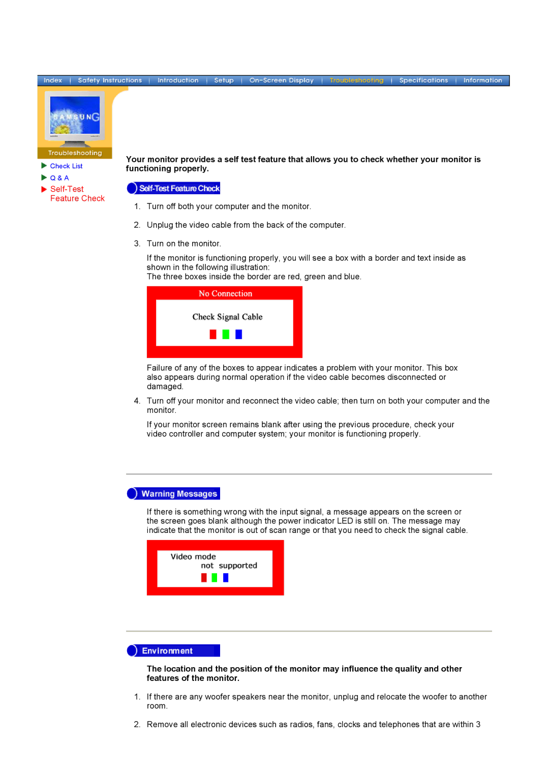 Samsung 192V, 152V, 172V manual Self-Test Feature Check 