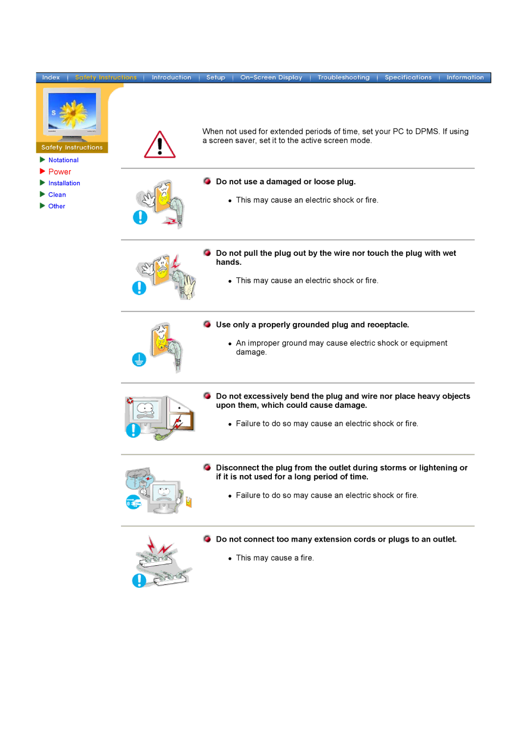 Samsung 172V, 152V, 192V manual Do not use a damaged or loose plug, Use only a properly grounded plug and reoeptacle 