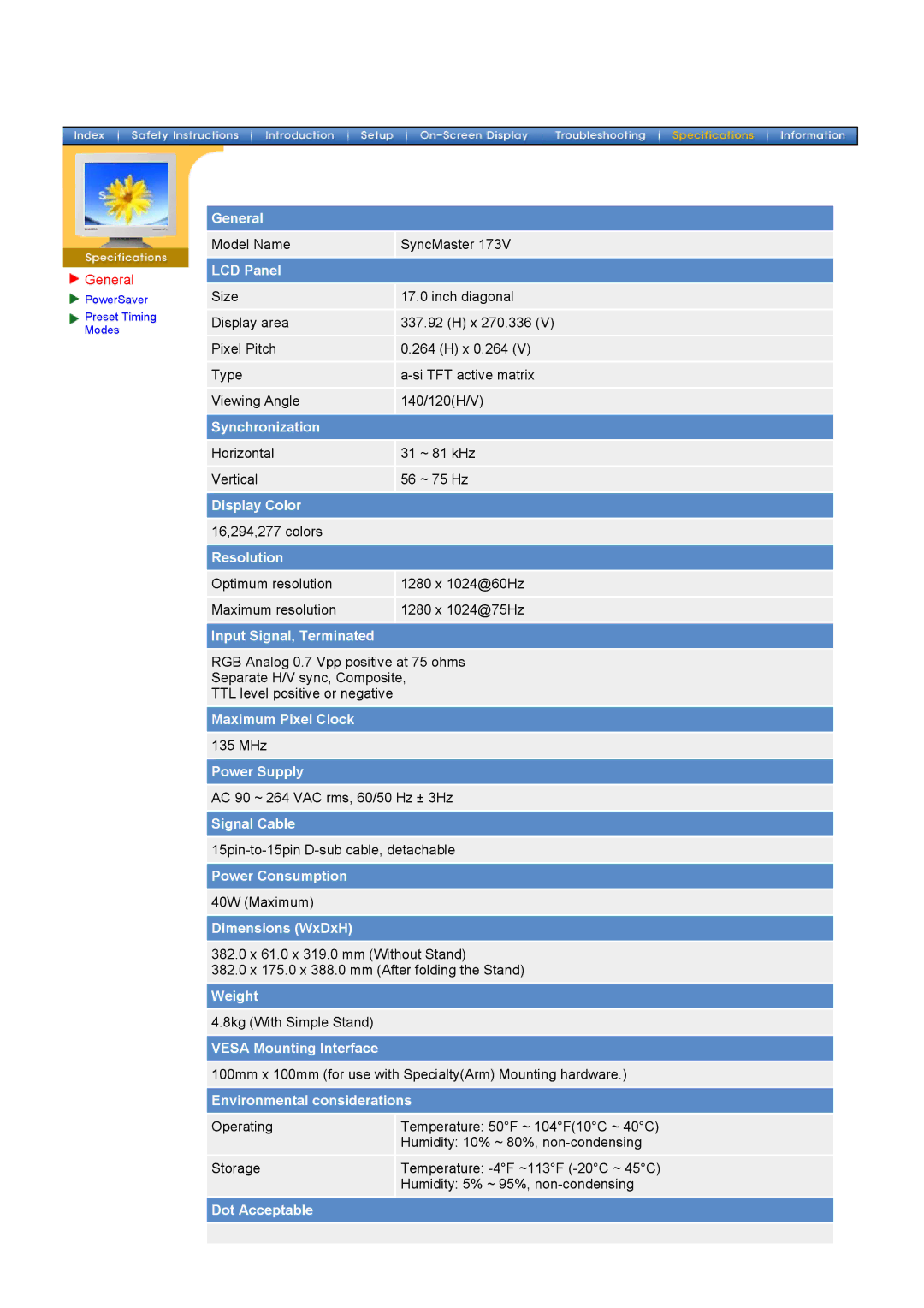 Samsung 152V, 172V, 192V manual Horizontal 31 ~ 81 kHz Vertical 56 ~ 75 Hz 