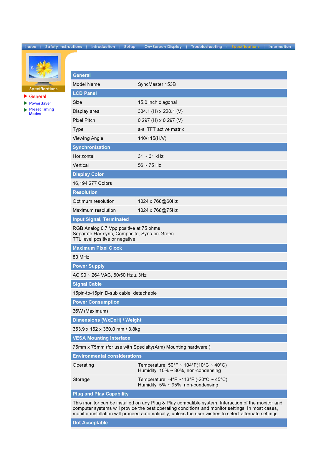 Samsung 192V, 152V, 172V manual Model Name SyncMaster 153B 